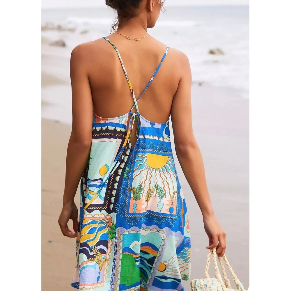 By Anthropologie Postcard Womens Small Blue Tropical Print Coverup Mini Dress - Picture 2 of 9